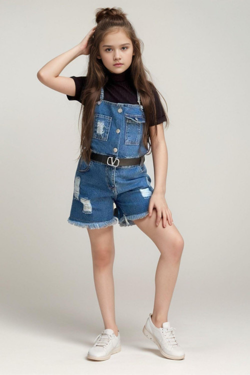 Kız Çocuk Boğazlı Yaka Tişört, Askılı Cep Detaylı Kot Şort Tulum