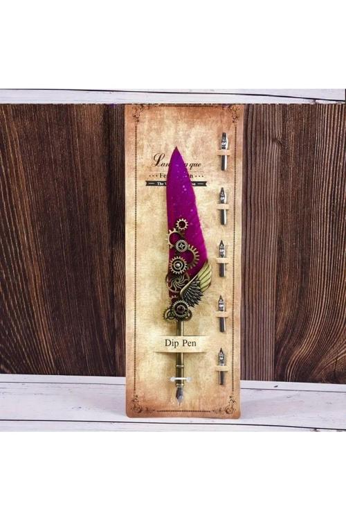 Kaligrafi Tüy Divit Kalem Seti, Yazı Kalem Seti, Retro Dekoratif Kalem Metal, 1 Kalem 6 Uç-Mor Renk