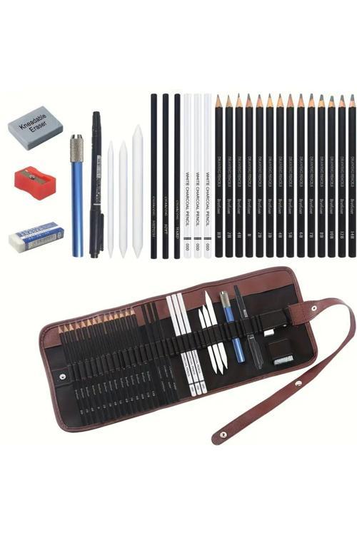 Kara Kalem Çizim Seti, Eskiz Kalem Seti, Dereceli Kalem Set, Tonlama-Rulo Kalemlikli-28Parça