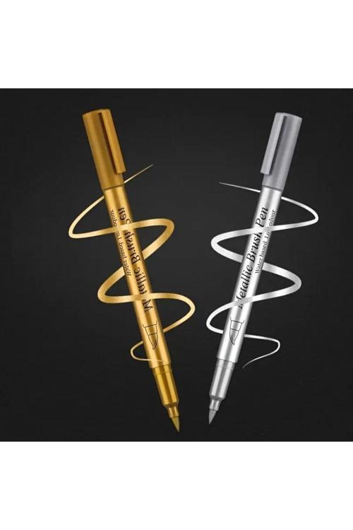 Altın-Gümüş Brush Metalik Marker Kaligrafi Kalemi, Cam Kalemi, Balon Yazı, Süsleme, Bardak Yazı-2 Ad
