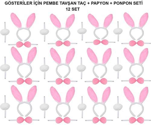 Pembe Tavşan Kostüm Seti – Taç, Papyon, Ponpon (12’li Paket)