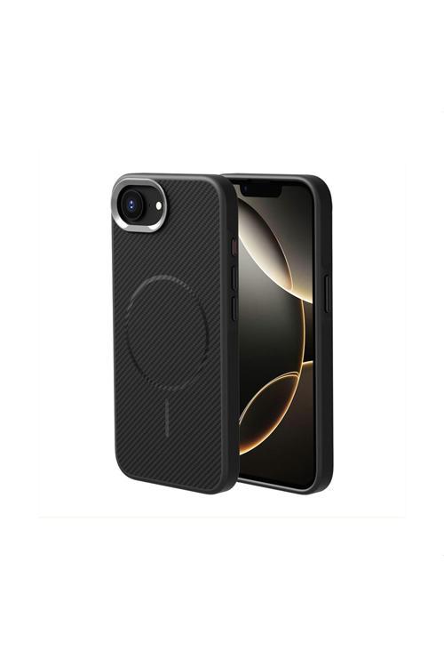 İphone 16E Kılıf Magsafe Şarj Özellikli Karbon Fiber Görünümlü Zore Troy Kapak - Siyah