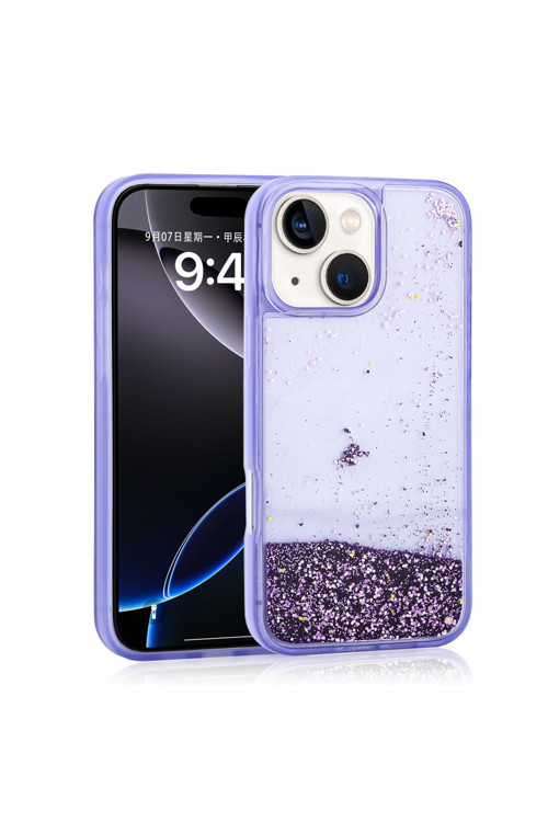 İphone 13 Uyumlu Kılıf Sıvılı Simli Şeffaf Arka Yüzey Zore Keto Silikon Kapak-Mor
