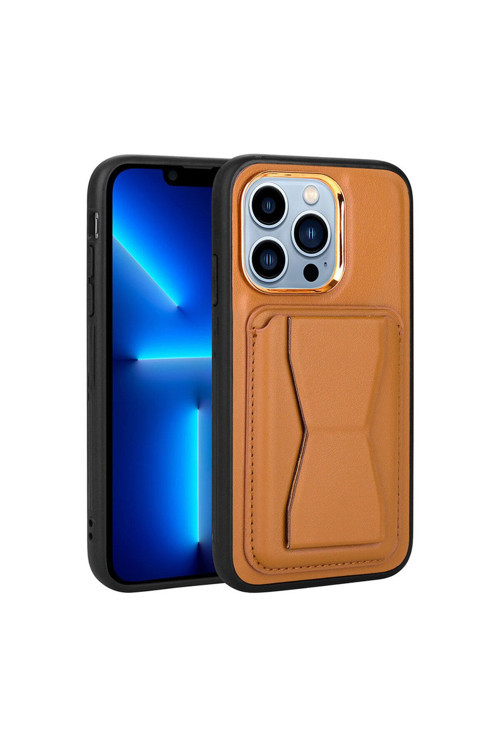 İphone 12 Pro Max Uyumlu Kartlıklı Standlı Pu Deri Zore Kılıf-Kahve Açık