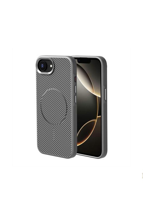 İphone 16E Kılıf Magsafe Şarj Özellikli Karbon Fiber Görünümlü Zore Troy Kapak - Gri