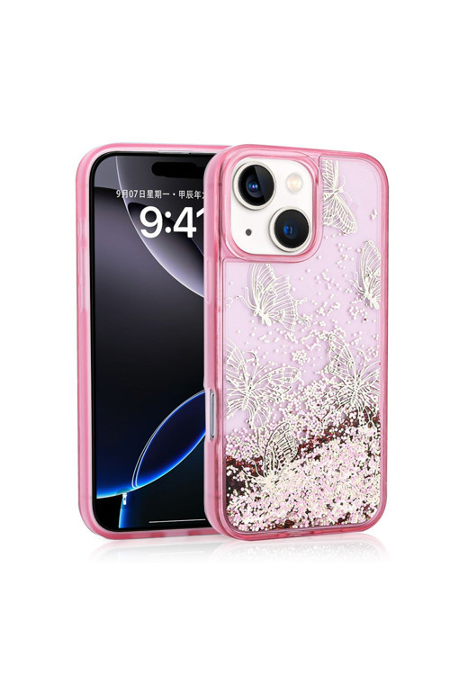 İphone 15 Uyumlu Kılıf Sıvılı Simli Kelebek Baskılı Şeffaf Arka Yüzey Zore Glis Silikon Kapak-Pembe