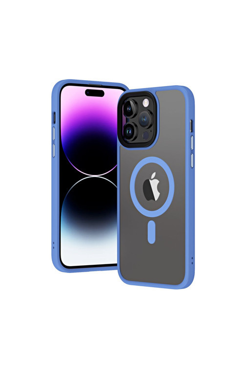 İphone 13 Pro Max Uyumlu Wireless Şarj Özellikli Zore Hibrit Magsafe Kılıf-Mavi Açık