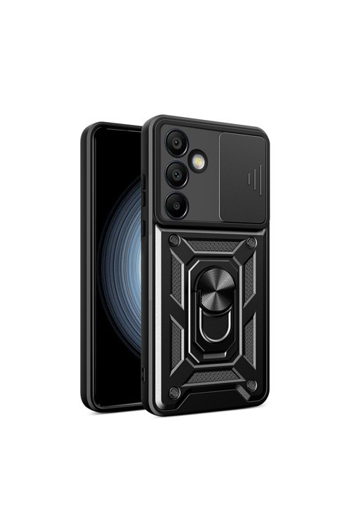 Galaxy S24 Fe Uyumlu Magnetik Standlı Kamera Korumalı Zore Sürgülü Vega Kapak-Siyah
