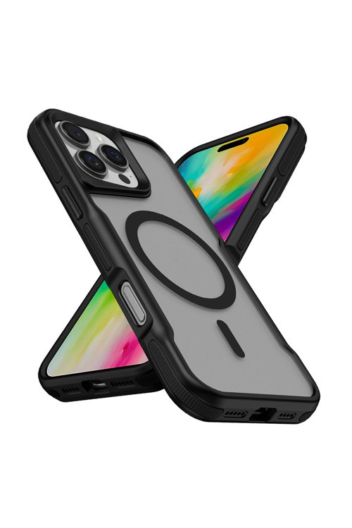 İphone 16 Pro Max Uyumlu Magsafe Şarj Özellikli Renkli Kenar Airbag Şeritli Zore Lamer Kapak-Siyah