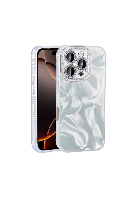 İphone 16 Pro Max Kılıf Airbagli Parlak Taş Detay Tasarımlı Uyumlu Zore Esila Kapak-Beyaz