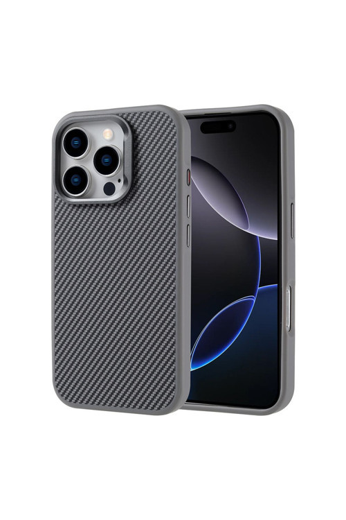 İphone 16 Pro Kılıf Magsafe Şarj Özellikli Karbon Fiber Görünümlü Zore Troy Kapak-Gümüş
