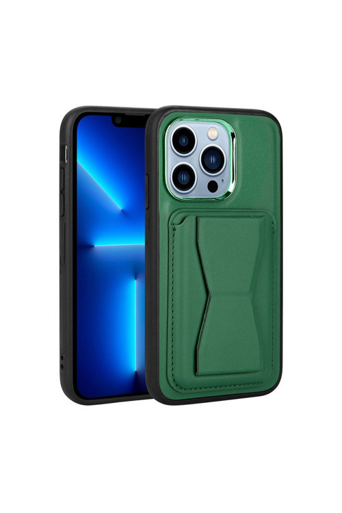 İphone 12 Pro Uyumlu Kartlıklı Standlı Pu Deri Zore Kılıf-Koyu Yeşil