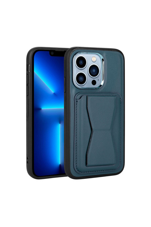 İphone 12 Pro Max Uyumlu Kartlıklı Standlı Pu Deri Zore Kılıf-Lacivert