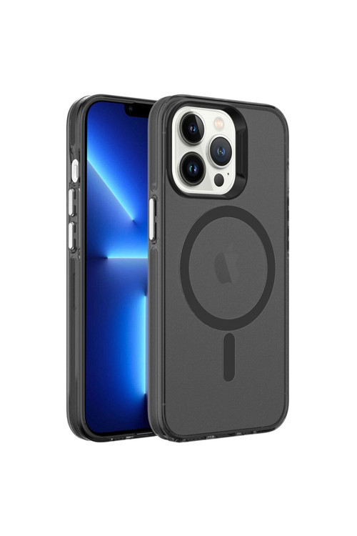 İphone 13 Pro Max Uyumlu Zore Magsafe Şarj Özellikli Buzlu Transparan C-Pro Sert Kılıf-Siyah