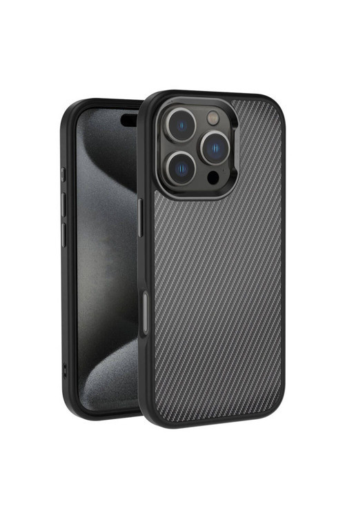 Apple İphone 16 Pro Max Kılıf Karbon Fiber Görünümlü Parlak Kamera Çerçeveli Zore Venus Kapak-Siyah