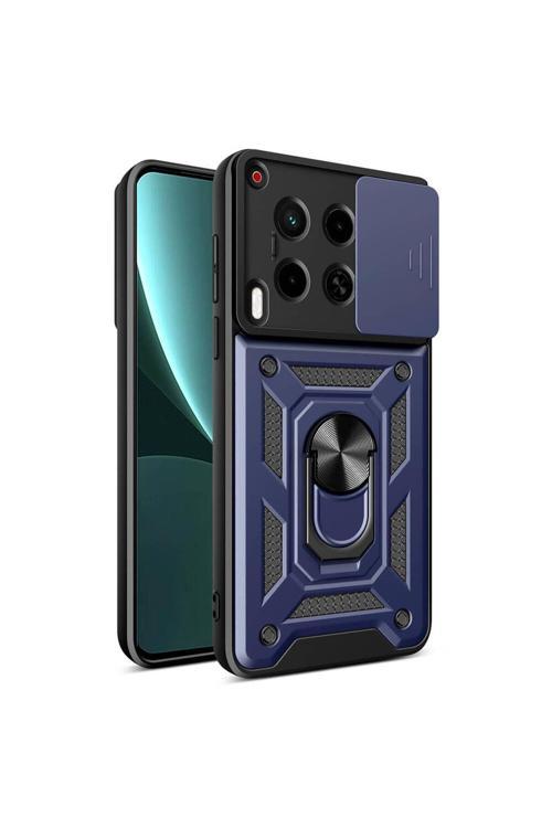 Tecno Camon 30 Kılıf Magnetik Standlı Kamera Korumalı Zore Sürgülü Vega Kapak-Mavi