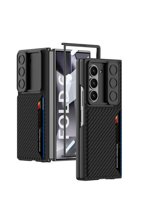 Galaxy Z Fold 6 Kılıf Kamera Korumalı Karbon Fiber Arka Yüzey Zore Kartlıklı Kıpta Sert Kapak-Siyah