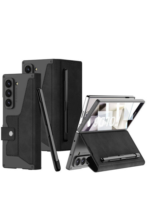Galaxy Z Fold 6 Kılıf Kamera Korumalı Kadife Tasarımlı Zore Kıpta Kalemli Fest Kapak-Siyah