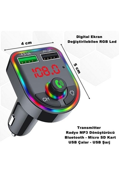 Çakmaklık Rgb Işıklı Radyo Mp3 Dönüştürücü Transmitter Bluetooth-Micro Sd Kart-Usb Çalar - Usb Şarj