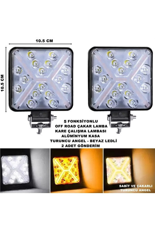 Off Road Kare Çalışma Lambası Turuncu Çakar Angel-Beyaz Led 5 Fonksiyon 10,5X10,5 Cm 2 Adet-