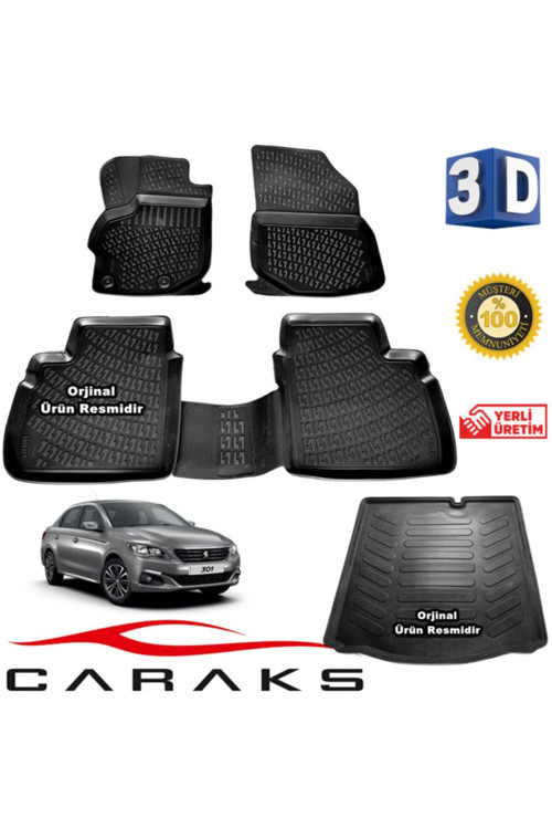 Peugeot 301 3D Paspas + 3D Bagaj Havuzu 2012 - 2020 Arası Siyah - Set