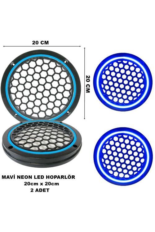 20X20 Cm Neon Led Işıklı Midrange Hoparlör Kapağı Yuvarlak Çiftli (2 Adet) Mavi Renk