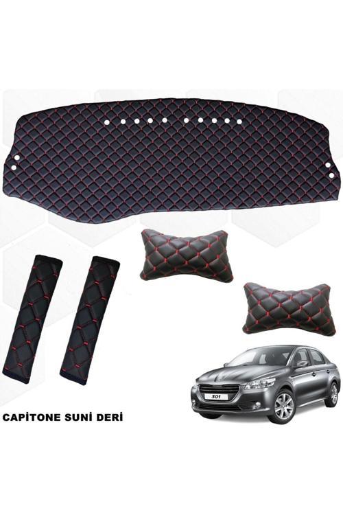 Peugeot 301 Uyumlu Göğüs Halısı +Boyunluk + Kemer Konforu Siyah-Kırmızı