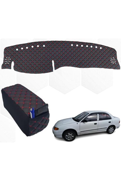 Hyundai Accent Uyumlu Göğüs Halısı + Kolçak 1995-2000 Kırmızı Suni Deri