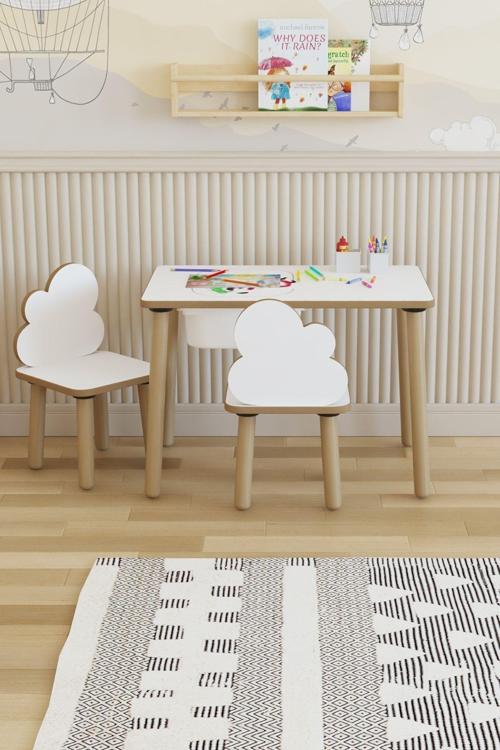 Montessori Çocuk Masası-Oyun Masası-Aktivite Masası-Etkinlik Masası Takımı 2 Bulut Sandalye