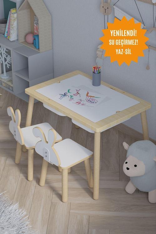 Ağaç Ahşap Çocuk Masası-Yaz Sil Yüzey Çocuk Masası-Aktivite-Çocuk Masası-2 Adet Sepet-2 Sandalye