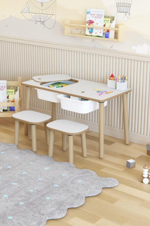 Montessori Çocuk Masası-Oyun Masası-Aktivite Masası-Çalışma Masası-Etkinlik Masası 2 Tabure