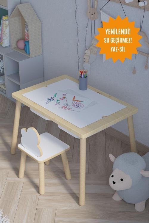 Ağaç Ahşap Çocuk Masası-Yaz Sil Yüzey Çocuk Masası-Aktivite-Çocuk Masası-2 Adet Sepet-1 Sandalye