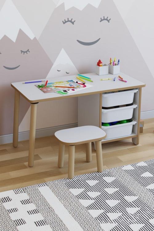 Çocuk Masa Takımı 90X45 Cm 3 Sepetli Çocuk Çalışma Masası Aktivite Masası Yaz-Sil 1 Adet Tabureli