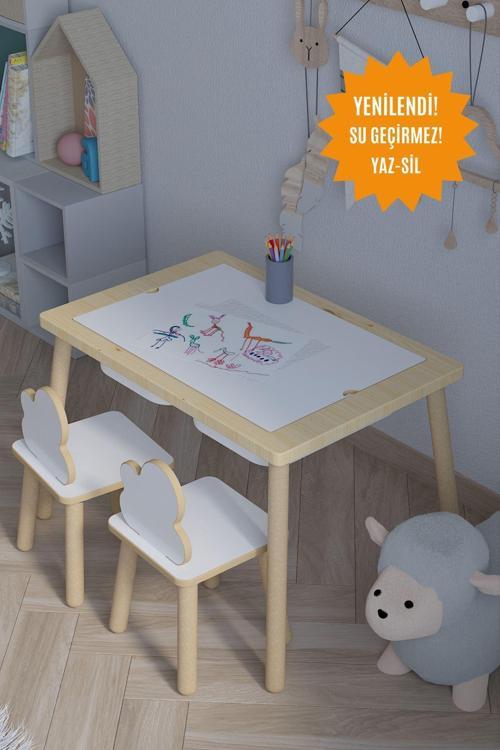 Ağaç Ahşap Çocuk Masası-Yaz Sil Yüzey Çocuk Masası-Aktivite-Çocuk Masası-2 Adet Sepet-2 Sandalye