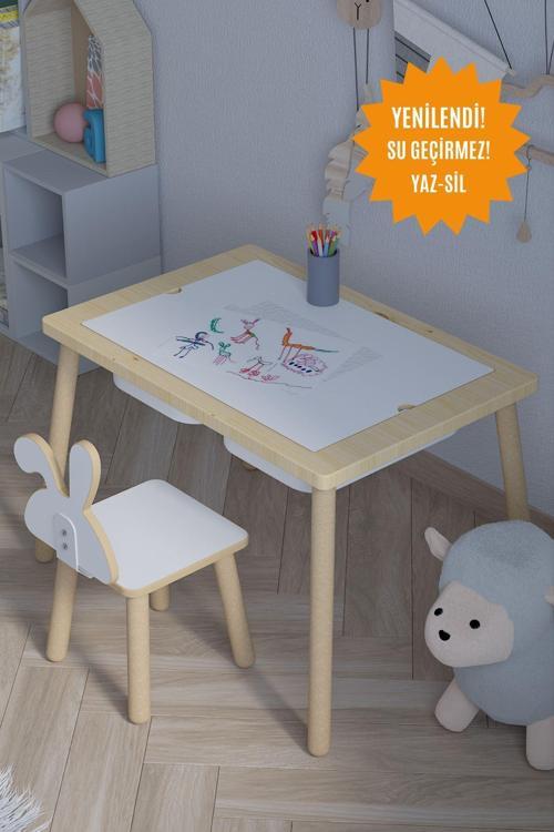 Ağaç Ahşap Çocuk Masası-Yaz Sil Yüzey Çocuk Masası-Aktivite-Çocuk Masası-2 Adet Sepet-1 Sandalye