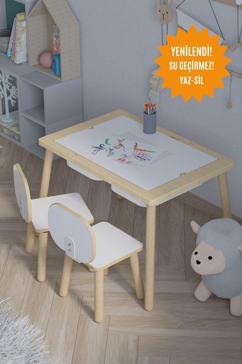 Ağaç Ahşap Çocuk Masası-Yaz Sil Yüzey Çocuk Masası-Aktivite-Çocuk Masası-2 Adet Sepet-2 Sandalye