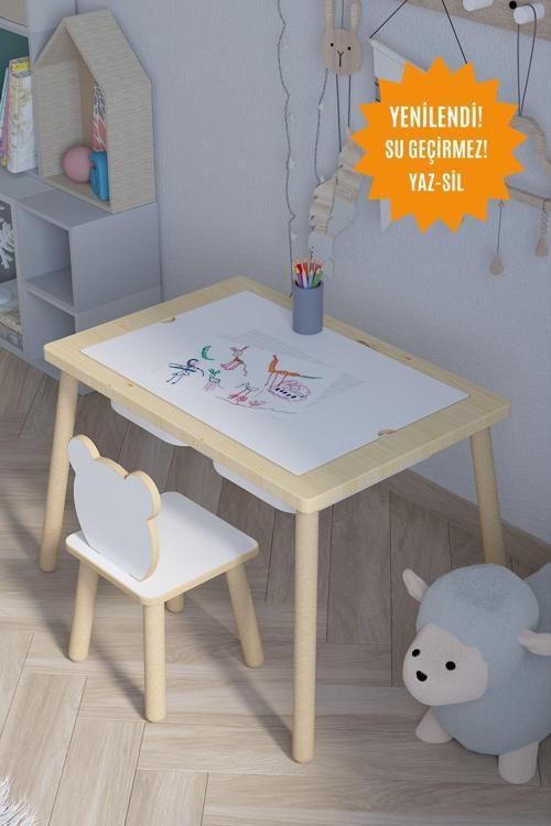 Ağaç Ahşap Çocuk Masası-Yaz Sil Yüzey Çocuk Masası-Aktivite-Çocuk Masası-2 Adet Sepet-1 Sandalye