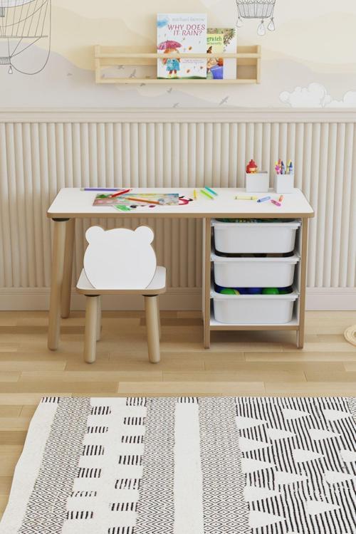 Çocuk Masa Sandalye Takımı-3 Sepetli Çocuk Çalışma Masası Aktivite Masası Yaz-Sil Panda Sandalye