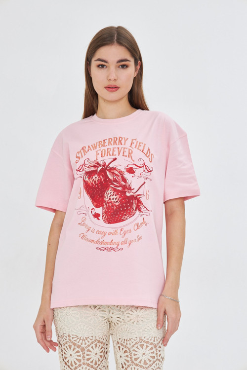 Strawberry Fields Forever Baskılı %100 Pamuk Kadın Oversize Siyah Tişört