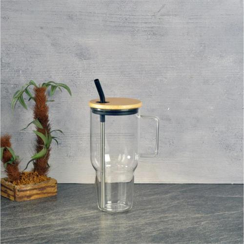 Maxi Bambu Kapaklı Cam Kupa Siyah 1000 ml