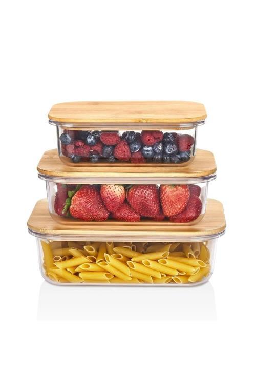 Arispa Mira 3'lü Bambu Kapaklı Kristal Mika Saklama Kabı | Bpa Free Sert Plastik Mika Saklama Kabı