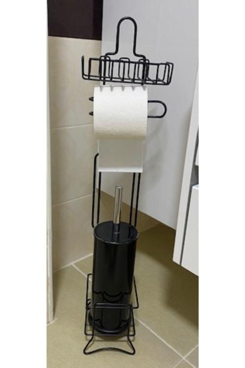 Metal Siyah Yedekli Wc Banyo Duş Tuvalet Kağıtlık Kare Kağıtlığı + Wc Fırçalı Set