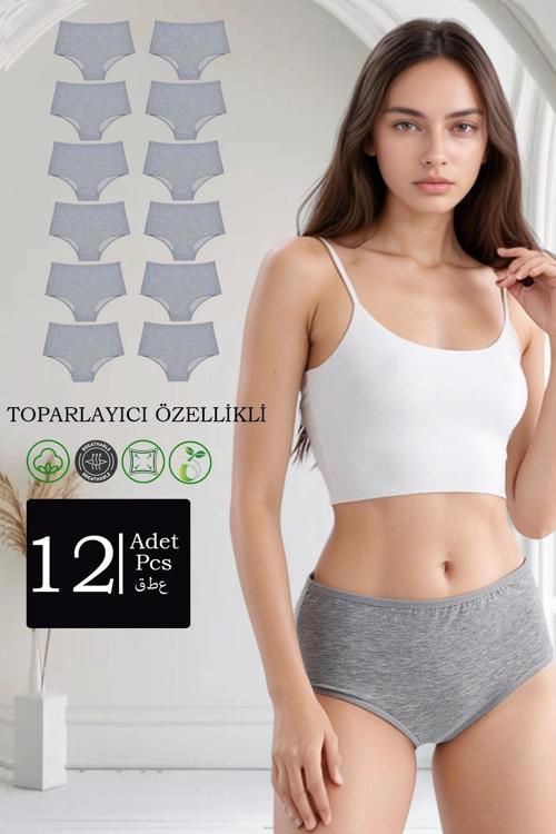 12'li Paket Pamuklu Yüksek Bel Toparlayıcı Özellikli Külot Gri