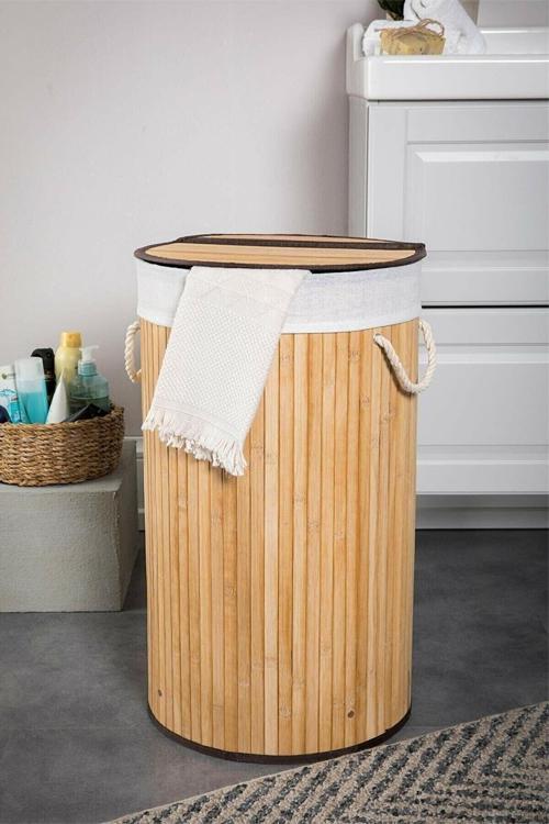 Bej El Yapımı Bambu Yuvarlak Çamaşır Sepet 45 X 40 Bambu 50-99 L