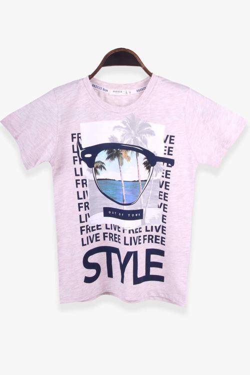 Erkek Çocuk Tişört Tatil Temalı 8-14 Yaş, Bej Melanj