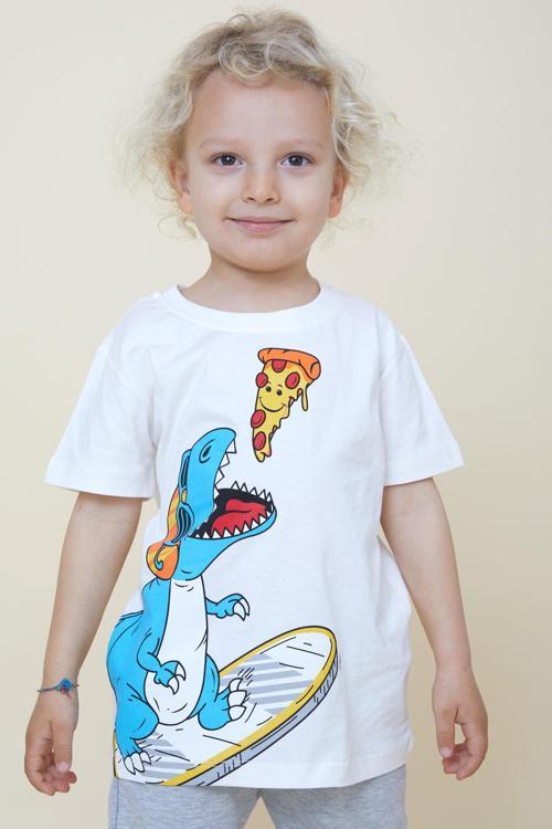 Erkek Çocuk Tişört Pizza Yiyen Mutlu Dinozor Baskılı 2-6 Yaş, Ekru