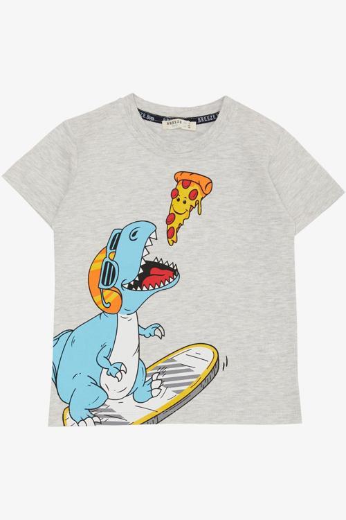 Erkek Çocuk Tişört Pizza Yiyen Mutlu Dinozor Baskılı 2-6 Yaş, Açık Gri Melanj