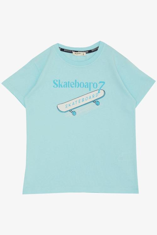 Erkek Çocuk Tişört Skateboard Baskılı 8-12 Yaş, Açık Mavi