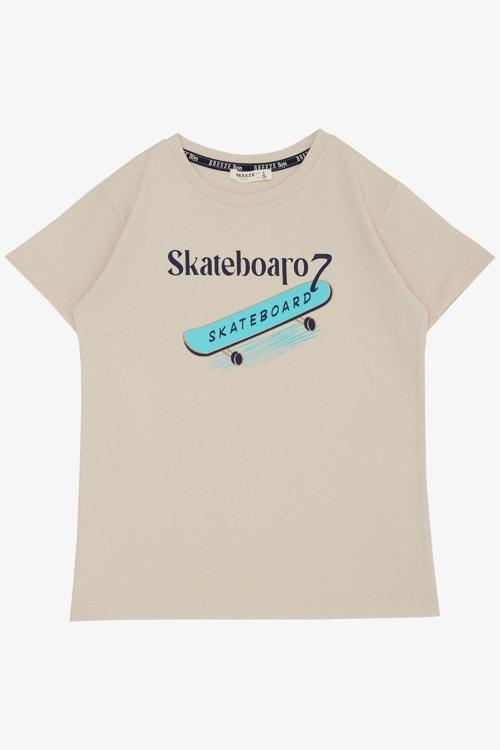 Erkek Çocuk Tişört Skateboard Baskılı 8-12 Yaş, Bej