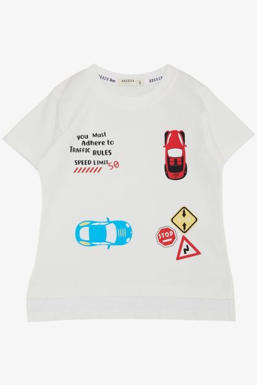 Erkek Çocuk Tişört Slogan Temalı Araba Baskılı 2-6 Yaş, Ekru